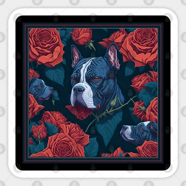 Dogs, pit bull and roses, dog, seamless print, style vector (red roses & pit) Sticker by xlhombat